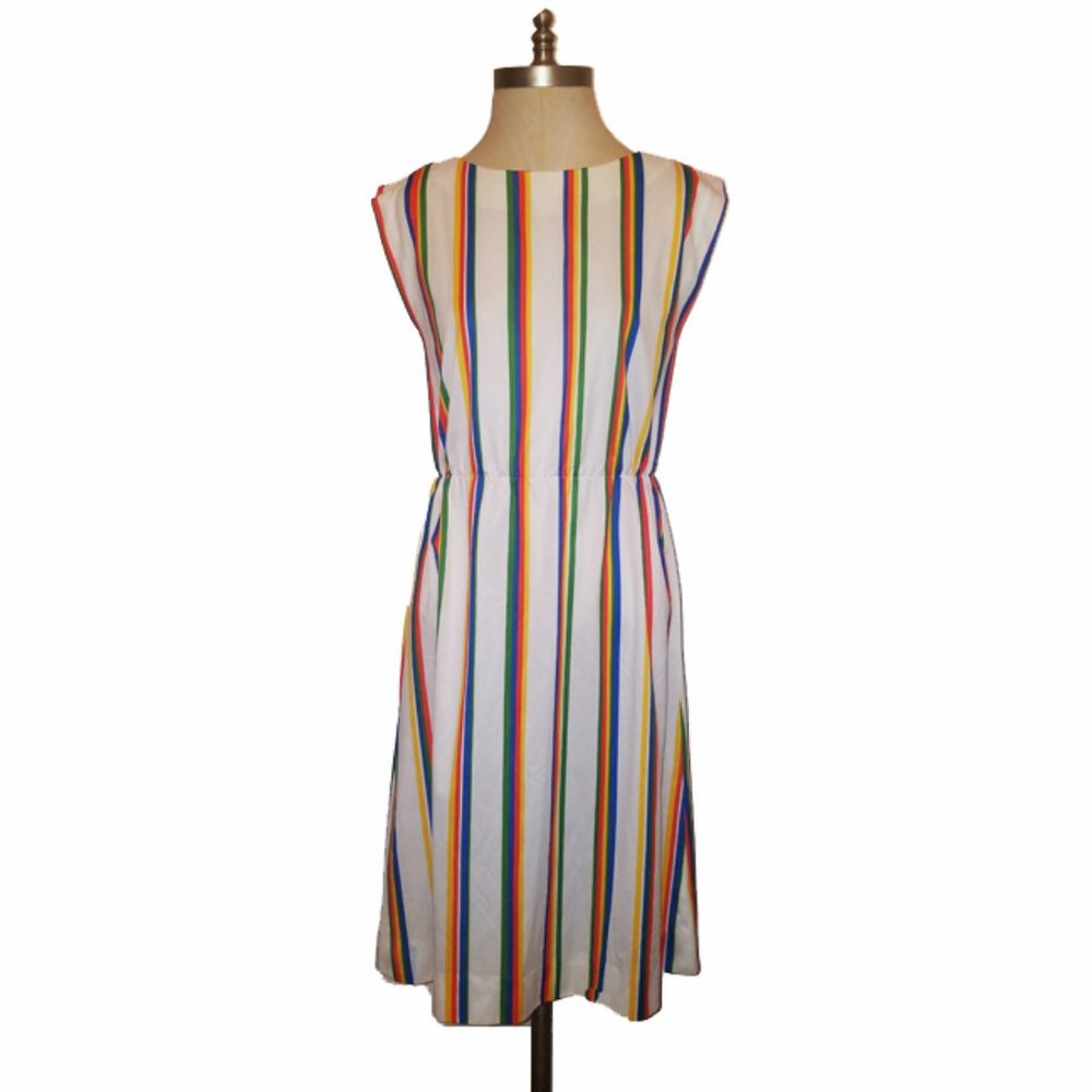 Vtg 70s 80s White Candy Stripe Shift Dress Small